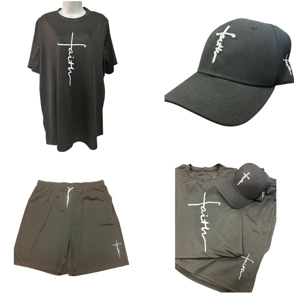 Black Faith Graphic T-Shirt, Shorts, and Cap Set, Unisex, NWOT, Size 3X